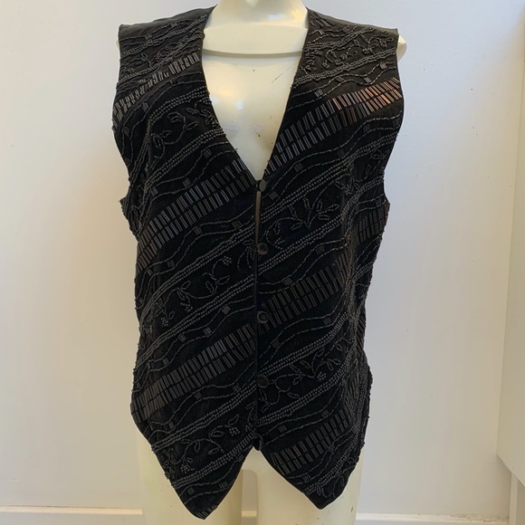 Vintage CACHE Black Beaded Evening Tuxedo Vest Women's Sleeveless sz L 80s Adjus - Picture 10 of 13